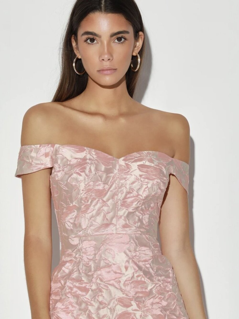 Lulus You're All Heart Pink Jacquard Satin Off-The-Shoulder Dress NWT - Picture 3 of 9